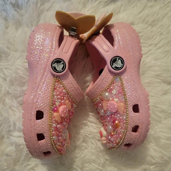Custom Toddler Pink Tweed Glitter Crocs Pink & White Size C9 - Picture 9 of 9
